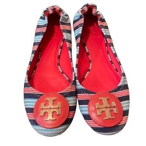 Tory Burch Reva Bauer Stripe A/Habenero Pepper multicolored Ballet Flats sz 6.5